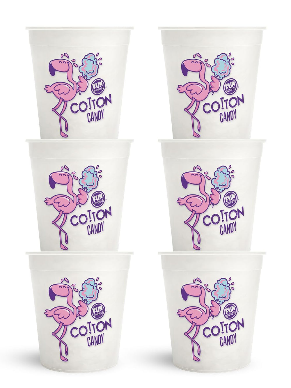 Fun Sweets Vanilla Cotton Candy 6-pack front view showing dye-free white tubs