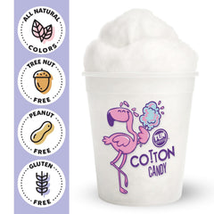 Close-up of Fun Sweets Vanilla Cotton Candy tub label with white color