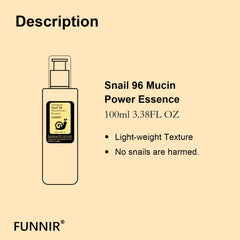 FUNNIR Snail Mucin 96% Essence serum dropper highlights quick absorption and natural radiance