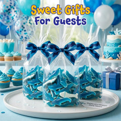 FUNTASTY Blue Sharks gummies in party bags for kids' celebrations and gifts.