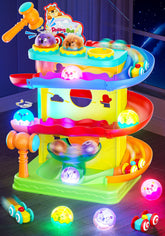 Funwee 2-in-1 rolling ball and racing ramp – top view with illuminated balls for sensory play