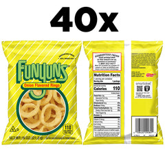 Funyuns onion rings bag-open highlights crispy texture and savory onion flavor.
