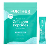 Further Food Collagen Peptides unflavored tub label shows grass-fed sourcing and skin-supporting benefits.