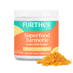 Further Food turmeric root powder bottle for Golden Milk latte and daily wellness.