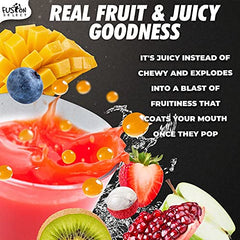 Fusion Select fruit tea toppings showcase colorful garnishes for drinks.