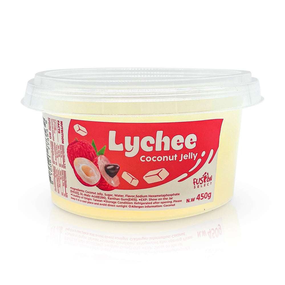 Fusion Select Lychee Coconut Jelly bottle ready to top bubble tea