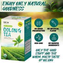 Fusion Select Oolong tea bags steeping in a glass cup with a calm, amber brew.
