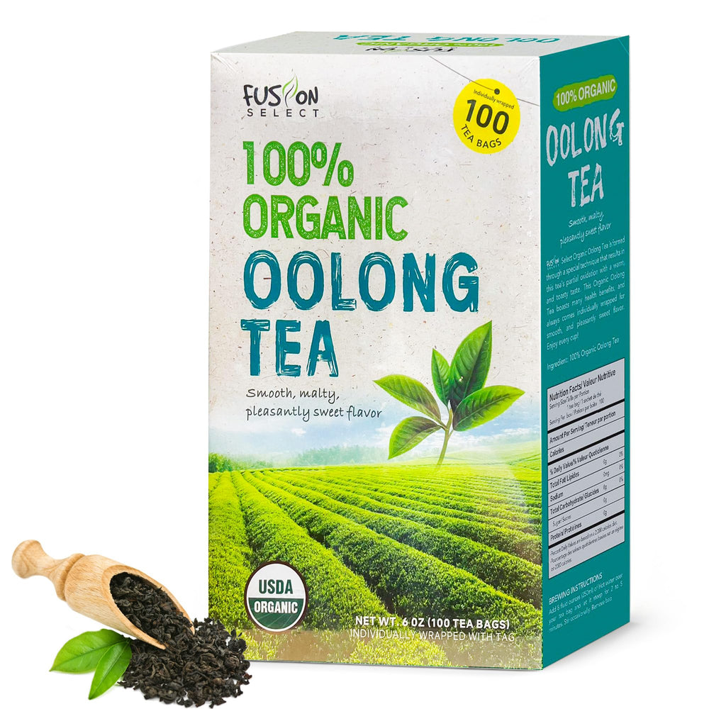 Fusion Select Organic Oolong tea bags in a box, ready for a soothing cup.