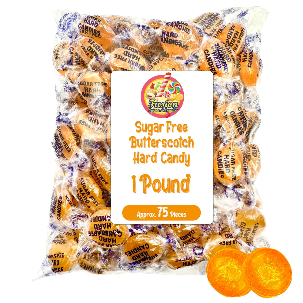 Fusion Sweets sugar-free butterscotch candy bag shows 1 lb freshness and convenience