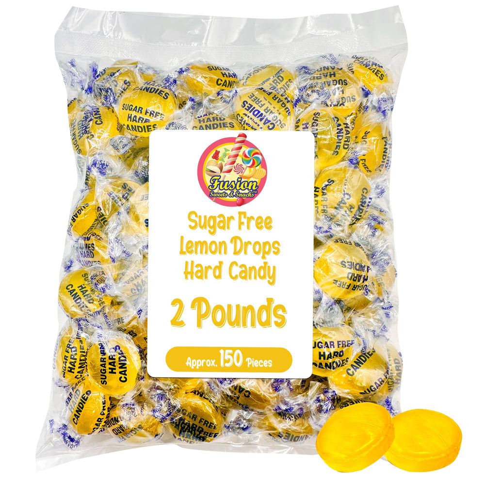 Fusion Sweets Sugar-Free Lemon Drops bulk bag open shows fresh, tangy candy.