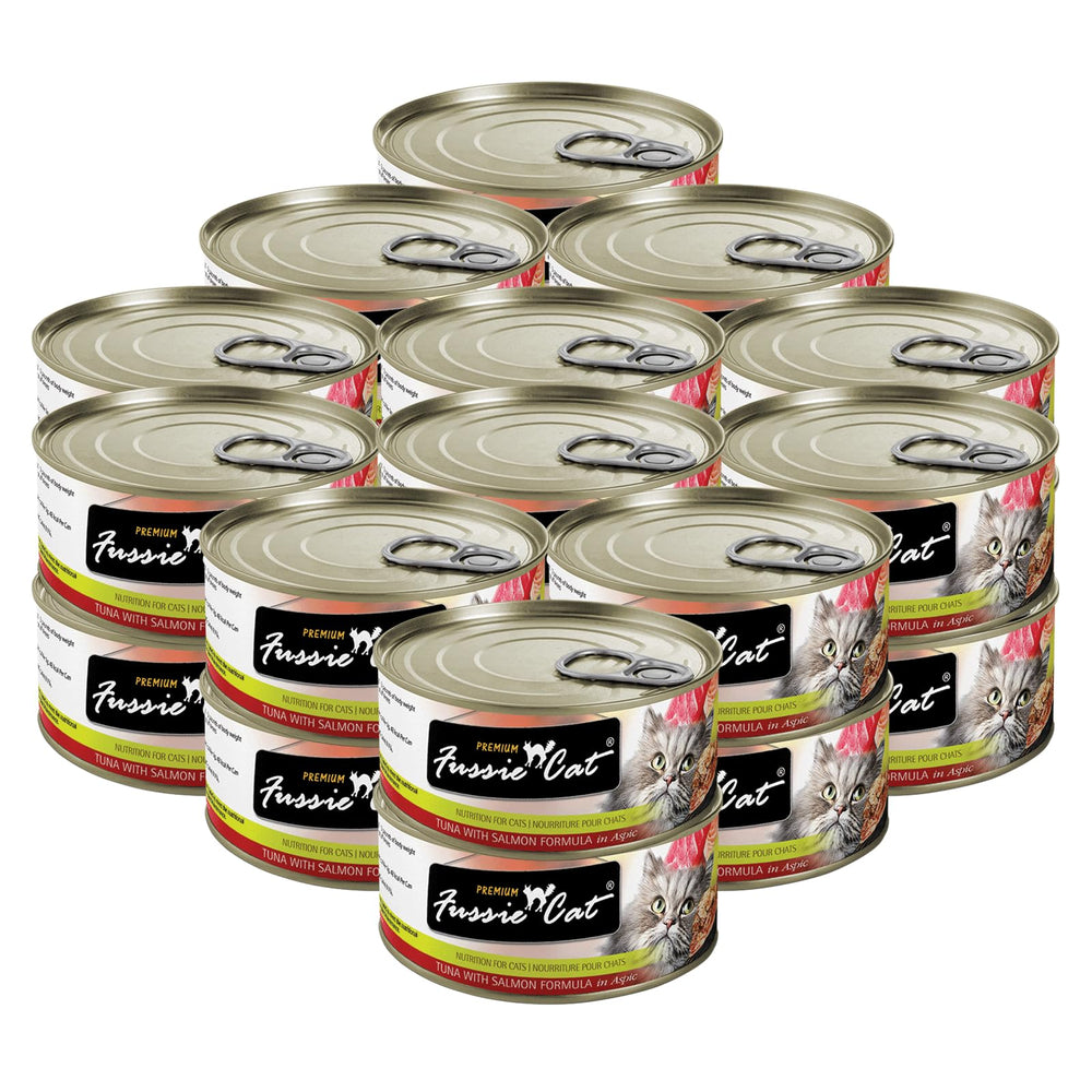Fussie Cat Tuna & Salmon in Aspic can highlighting tuna first ingredient for tasty protein.