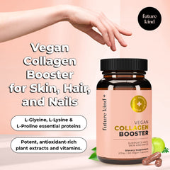Future Kind vegan collagen bottle label close-up shows clean, plant-based ingredients.