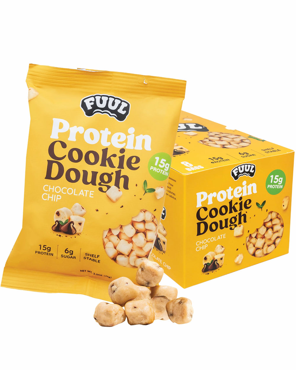 FUUL Protein Cookie Dough chocolate chip bag showing a convenient, high-protein snack for on-the-go fueling.