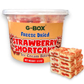 G-BOX freeze-dried ice cream bites closeup showing crunchy strawberry shortcake texture for outdoors.
