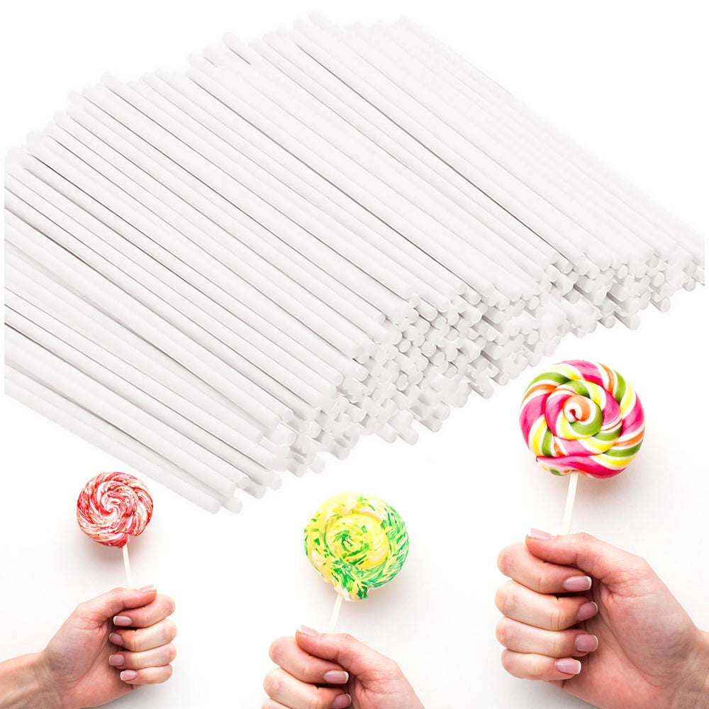 Gadget Beyond 6-inch white paper lollipop sticks, 100-pack, ideal for professional dessert displays.