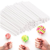 Gadget Beyond 6-inch white paper lollipop sticks, 100-pack, ideal for professional dessert displays.