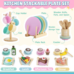 GAGAKU plate rack storage pictured with the play dishes for organized play space.