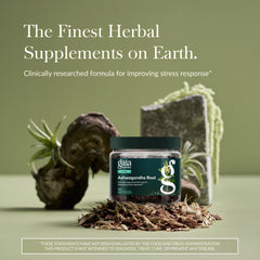 Gaia Herbs Ashwagandha capsules closeup showcasing vegan phyto-caps.