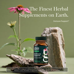 Gaia Herbs Echinacea Supreme bottle side highlights plant-based formula and sustainable sourcing.