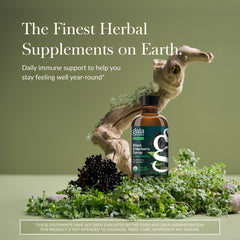Gaia Herbs elderberry syrup being poured for easy daily dosage.