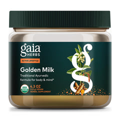 Gaia Herbs Golden Milk bottle with turmeric blend for relaxation support.