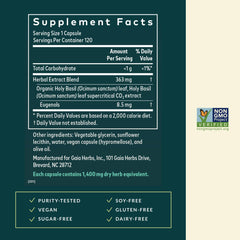 Gaia Herbs Holy Basil Leaf label detail highlighting sustainability and quality