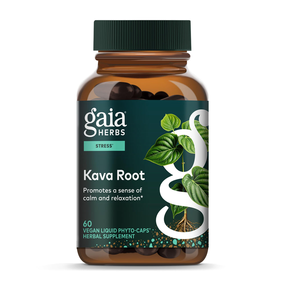 Gaia Herbs Kava Root bottle showing calming support for stressful days.