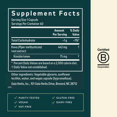 Gaia Herbs Kava Root label closeup reflecting quality and purity.