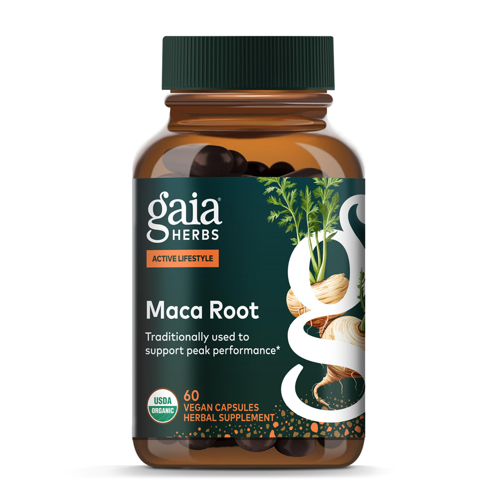 Gaia Herbs Maca Root capsules bottle for energy support