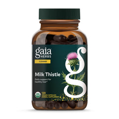 Gaia Herbs Milk Thistle bottle showing liver support for daily wellness.