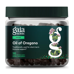 Gaia Herbs Oil of Oregano bottle front showing label for immune support.