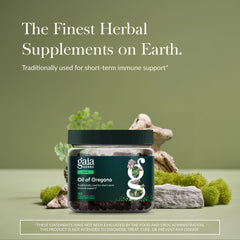 Gaia Herbs Oil of Oregano bottle label close-up highlighting Mediterranean origin for wellness.