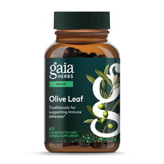 Gaia Herbs Olive Leaf bottle close-up showing olive leaf extract for daily immune support