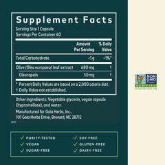 Close-up of Gaia Herbs Olive Leaf label emphasizing a single-herb formula