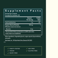 Gaia Herbs Rhodiola Rosea capsules closeup emphasizes plant-based endurance support