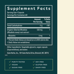 Gaia Herbs Rhodiola Rosea label closeup highlighting Siberian root extract.