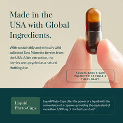Bottle with a glass showing simple daily use of Gaia Herbs Saw Palmetto.