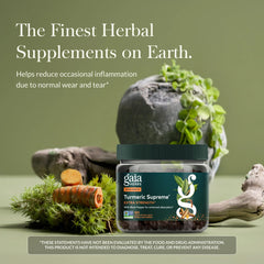 Gaia Herbs Turmeric Supreme Extra Strength bottle back shows allergen-free features and ingredients