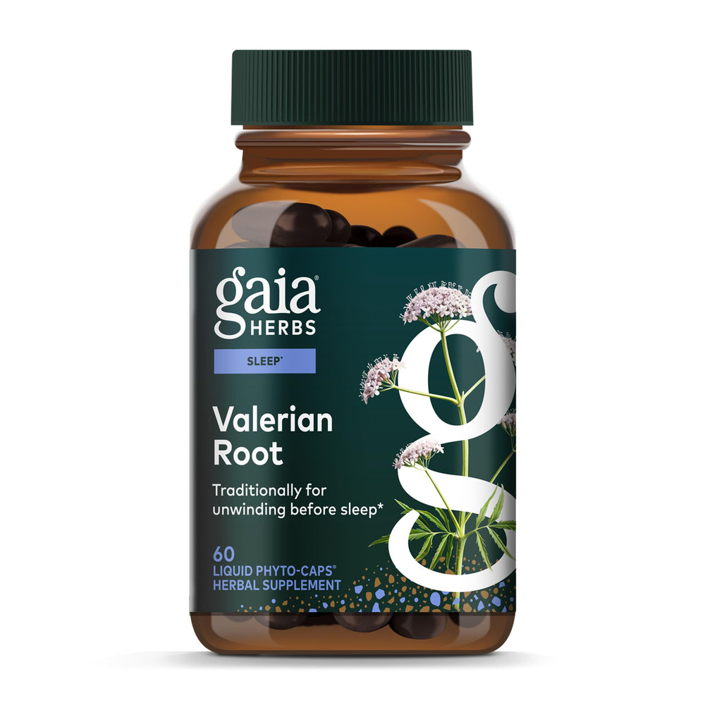 Gaia Herbs Valerian Root bottle front showing calm sleep support in vegan capsules