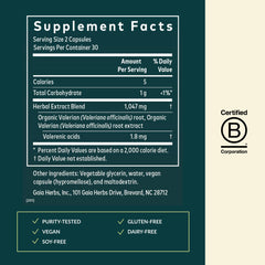 Closeup of Gaia Herbs Valerian Root capsules highlighting plant-based calming formula