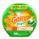 Gain Flings Island Fresh pacs in a close-up showing compact odor defense.