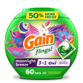Gain Flings Moonlight Breeze pacs front view showing fresh laundry scent