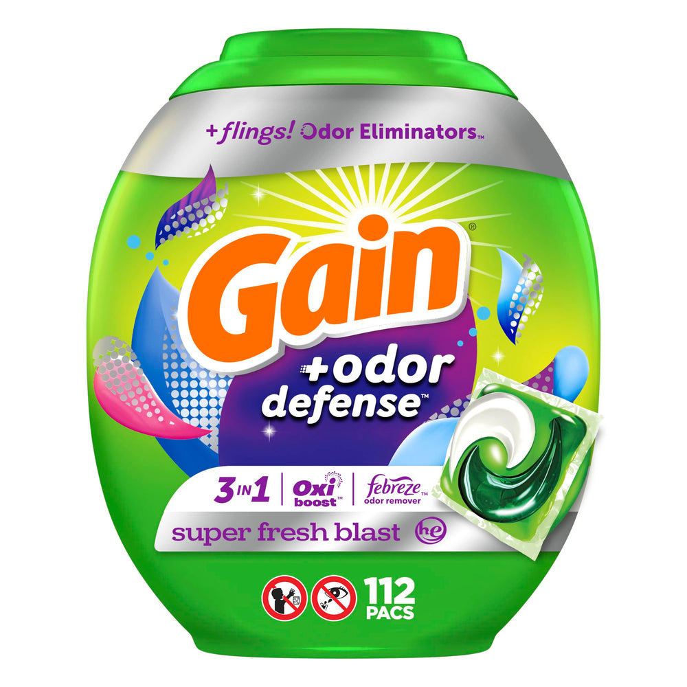 Gain Flings odor-defense pacs, front close showing convenient, powerful freshness in every load