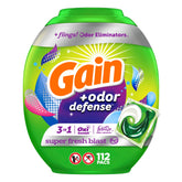 Gain Flings odor-defense pacs, front close showing convenient, powerful freshness in every load