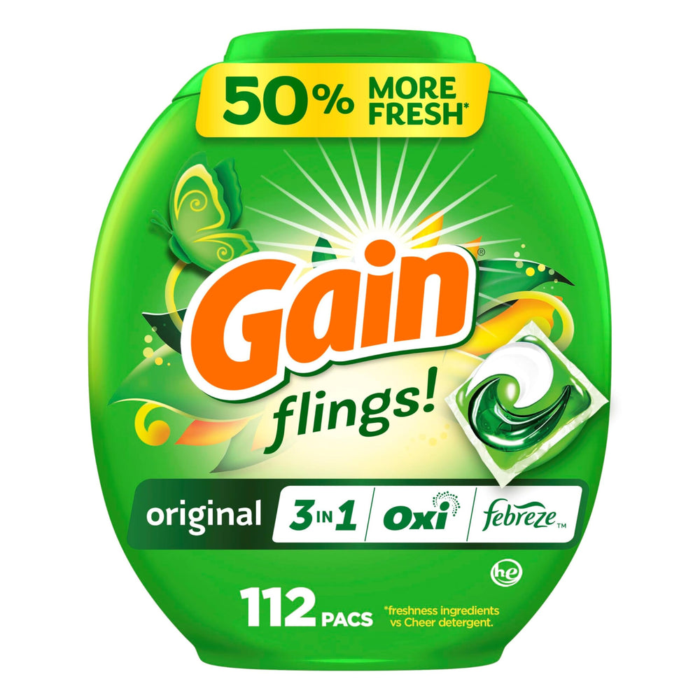 Gain Flings Original Pacs front view with 3-in-1 formula for easy laundry.