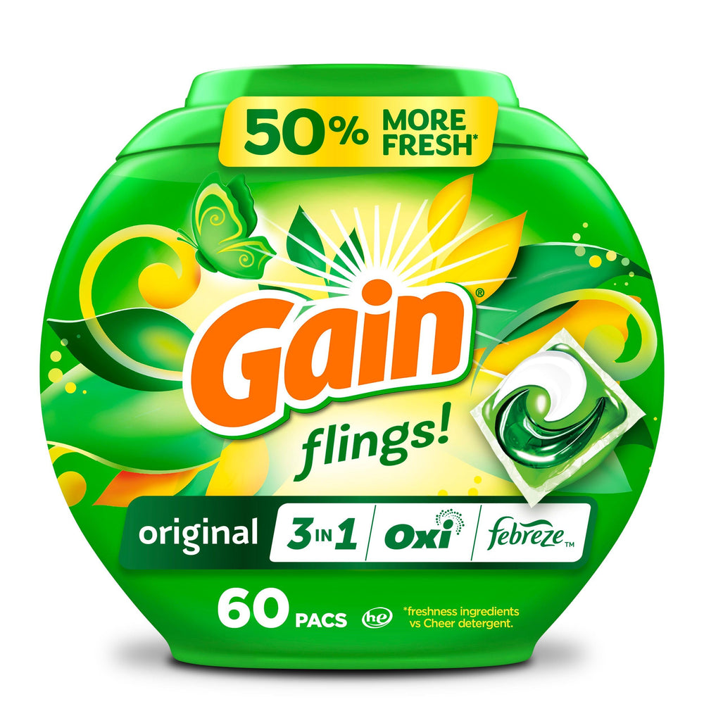 Gain Flings Original Scent pack front view with convenient detergent pacs for easy laundry.