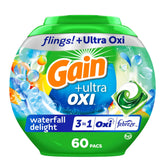 Gain Flings Ultra OXI pacs Waterfall Delight 60-count offer stain removal and lasting freshness.
