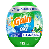 Gain Flings Ultra Oxi Waterfall Delight pods deliver powerful cleaning with long-lasting fragrance.