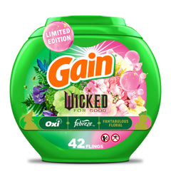 Gain Flings Wicked For Good front view shows 42-count pacs for powerful clean and fresh scent