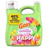 Gain Happy fabric softener bottle promises soft fabrics and lasting freshness.
